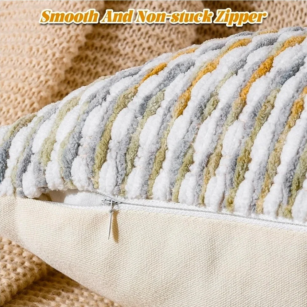 AmHoo Boho Chenille Tufted Lumbar Pillow Cover 14x36 Grey Yellow Stripe Cotton